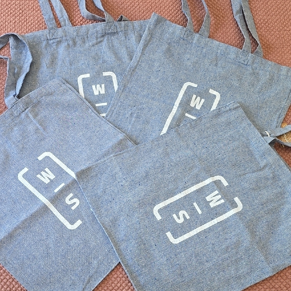 Chambray Blue Tote Bags with White Logo Set of Four (4)